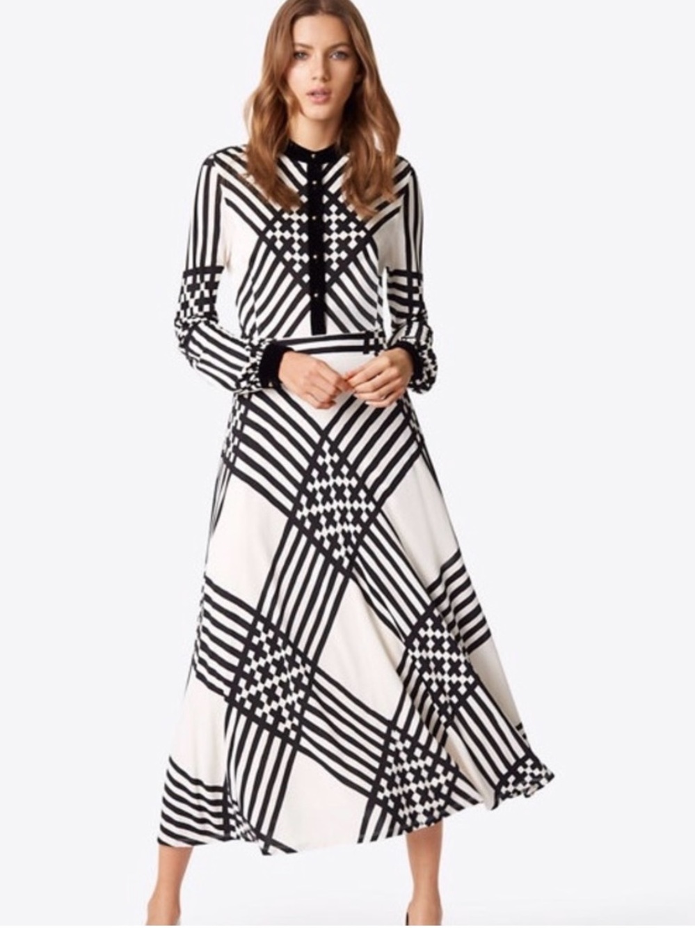 Rare Tory Burch Anja Womens Silk Blend Long Sleeve Midi Dress Small Black White